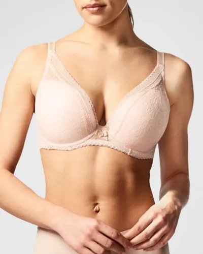 Chantelle Festivite Lace Plunge Bra, Bright Pink In Nude Blush