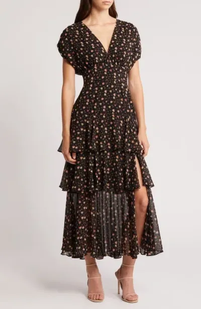 Charles Henry Floral Print Tiered Chiffon Maxi Dress In Black Ditsy