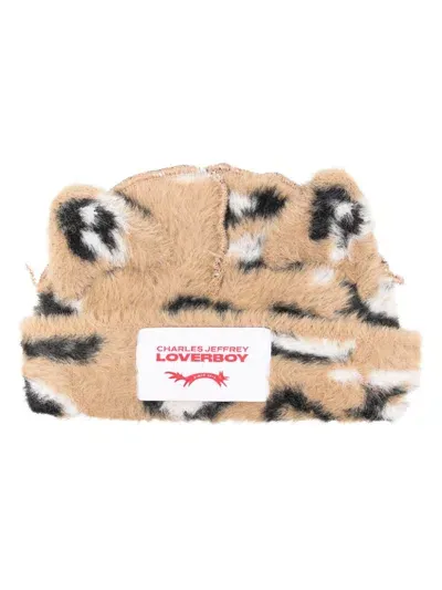 Charles Jeffrey Loverboy Fluffy Chunky Ears Beanie In Camel Brown/black/white