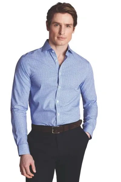 Charles Tyrwhitt Grid Check Non-iron Stretch Twill Slim Fit Shirt Single Cuff In Cobalt Blue