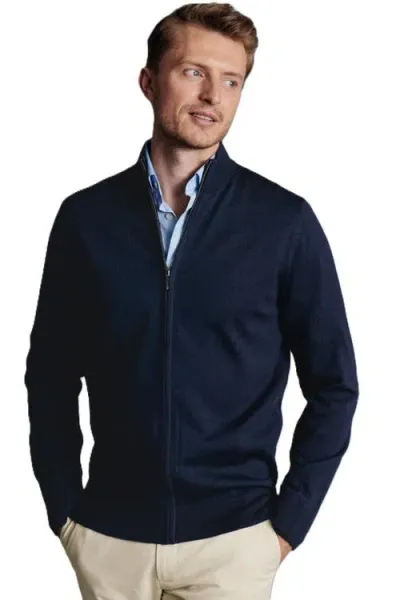 Charles Tyrwhitt Pure Merino Full Zip Through Cardigan In Navy