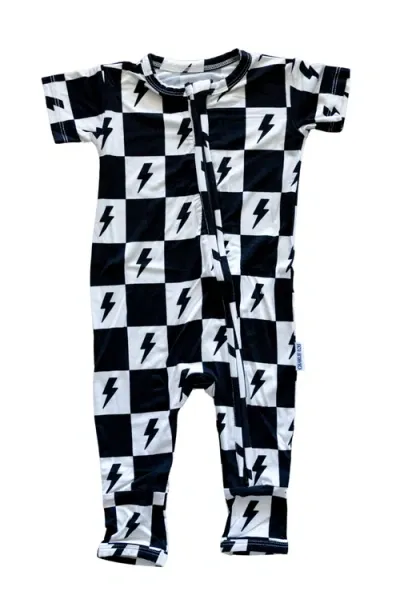 Charlie Lou Baby Kids' ® Checkered Lightning Bolt Short Sleeze Zip Romper In Black