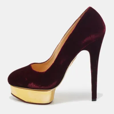 Pre-owned Charlotte Olympia Burgundy Velvet And Leather Dolly Pumps Size 40