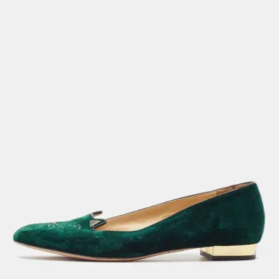 Pre-owned Charlotte Olympia Dark Green Velvet Kitty Ballet Flats Size 41