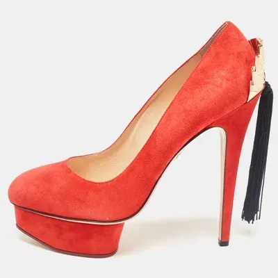 Pre-owned Charlotte Olympia Orange Suede Fan Tassel Dolly Pumps Size 41