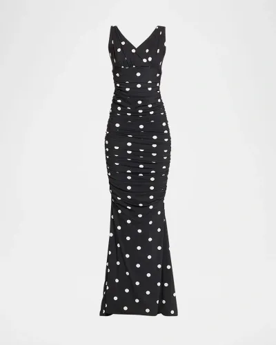 Chiara Boni La Petite Robe Barbe Ruched Floral-print Mermaid Gown In Polka Dot Blk