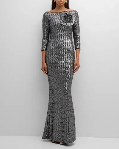 Chiara Boni La Petite Robe Boat-neck Sequin Mermaid Gown In Dark Silver