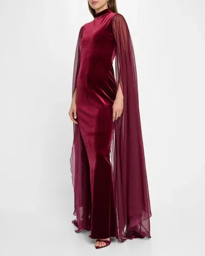 Chiara Boni La Petite Robe Cape-sleeve Velvet Column Gown In Mahogany