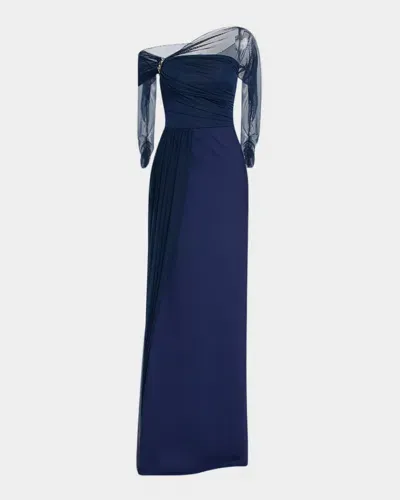 Chiara Boni La Petite Robe One-shoulder Draped Illusion Gown In Navy