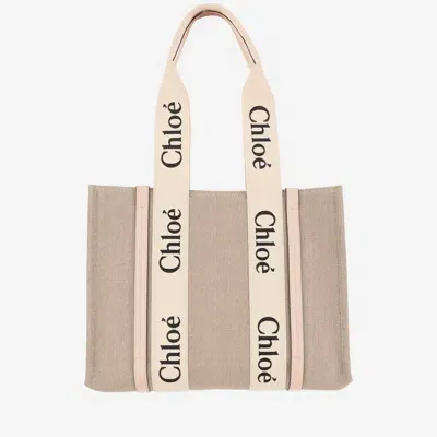 Chloé Woody Tote Bag In Linen Pink Size Onesize 100% Linen, Calf-skin Leather, Polyester In Rose