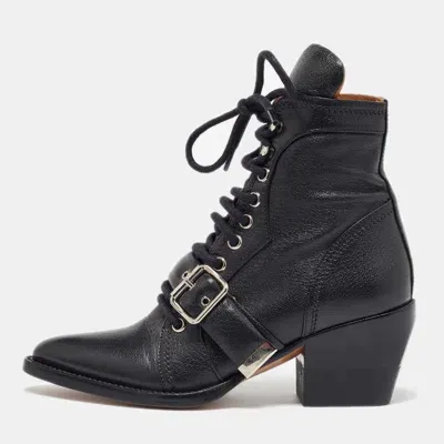 Pre-owned Chloé Black Leather Lace Up Booties Size 35