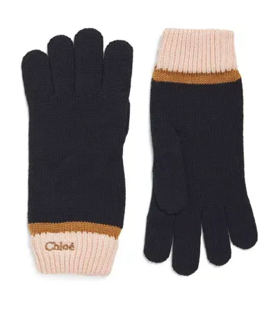 Chloé Kids' Cotton-wool Logo Gloves In Navy