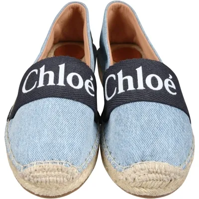 Chloé Kids' Denim Espadrilles With Logo For Girl In Blue