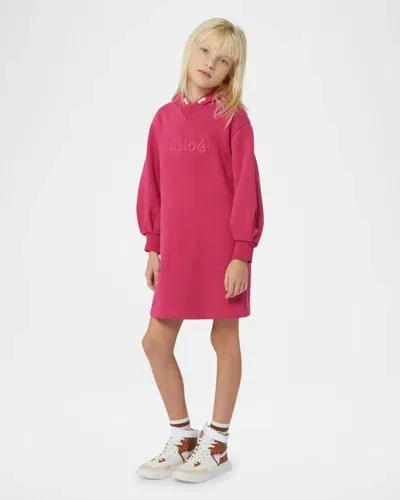 Chloé Kids' Girl's Embroidered Logo-print Hoodie Dress In Fuschia