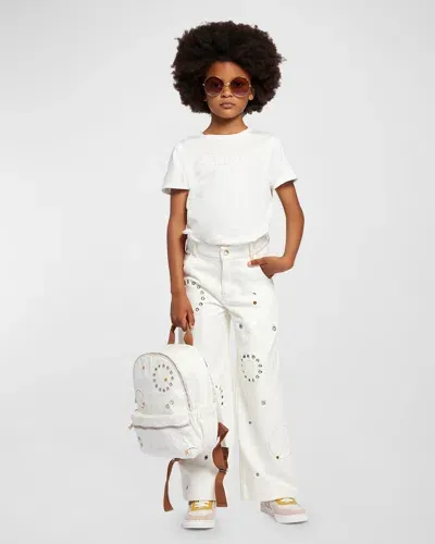 Chloé Kids' Girl's Eyelet Embroidered Denim Pants In Ivory