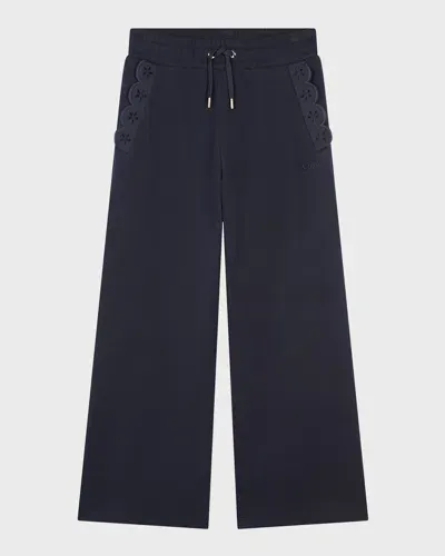 Chloé Kids' Girl's Logo Embroidered Fleece Trousers In Navy