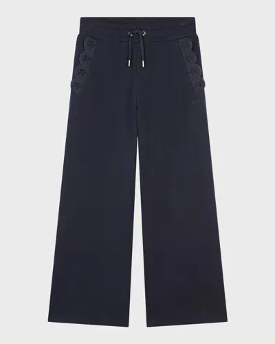 Chloé Kids' Girl's Logo Embroidered Fleece Trousers In Navy