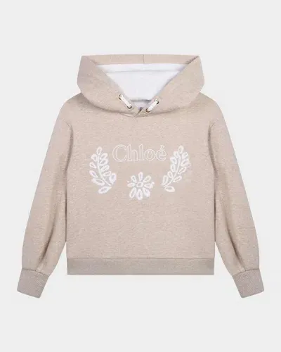 Chloé Kids' Girl's Logo Embroidered Hoodie In Beige Marl