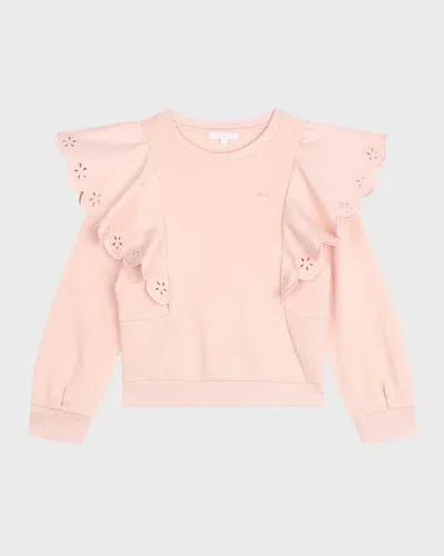 Chloé Kids' Girl's Logo-print Embroidered Ruffle Trim Sweater In Pink