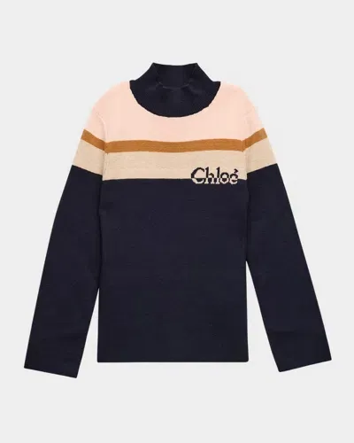 Chloé Kids' Girl's Striped Logo-print Knitted Sweater In Navy