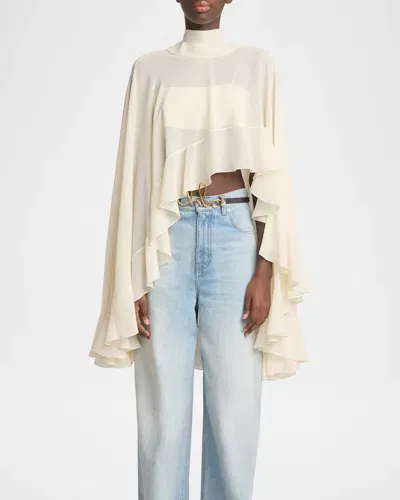 Chloé High Neck Ruffle Sleeve Asymmetric Top In Whisper White