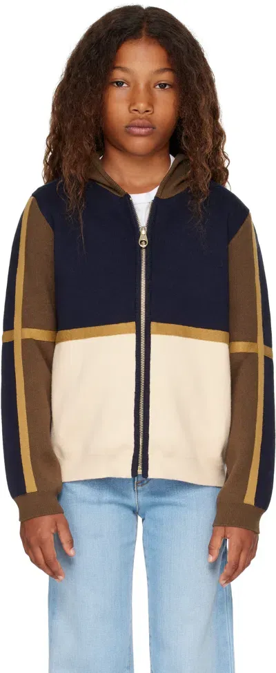 Chloé Kids Navy Colorblock Knit Zip Up Hoodie In 859 Navy