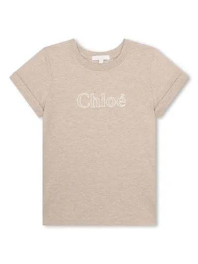 Chloé Kids' Logo-print Organic Cotton T-shirt In Beige