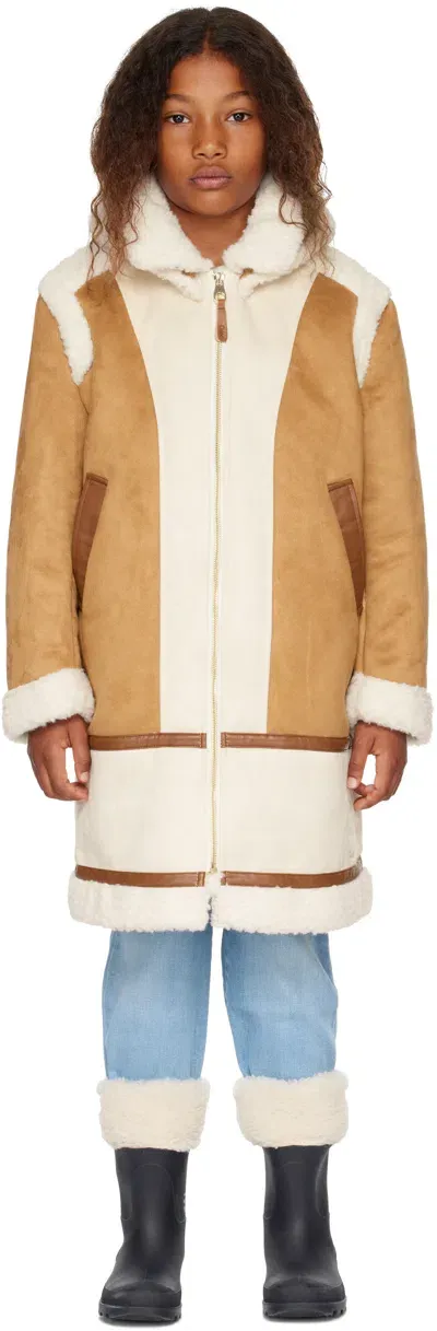 Chloé Kids Tan Paneled Faux-shearling Coat In 324 Chocolate Brown