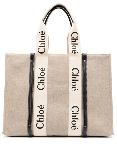 Chloé Large Woody Linen Tote Bag In Neutrals