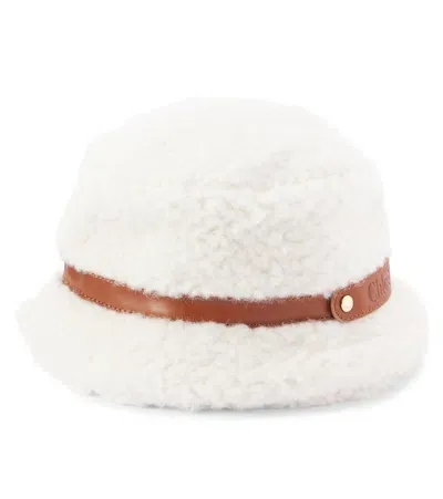 Chloé Kids' Leather-trimmed Faux Shearling Bucket Hat In White