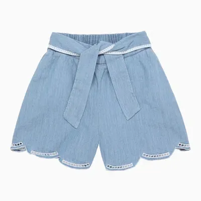 Chloé Kids' Girl's Openwork Ladder Hemstitch Denim Shorts In Light Denim