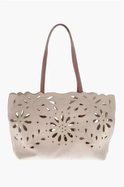 Chloé Linen Shoulder Bag With Cutouts And Leather Handles In Neutral