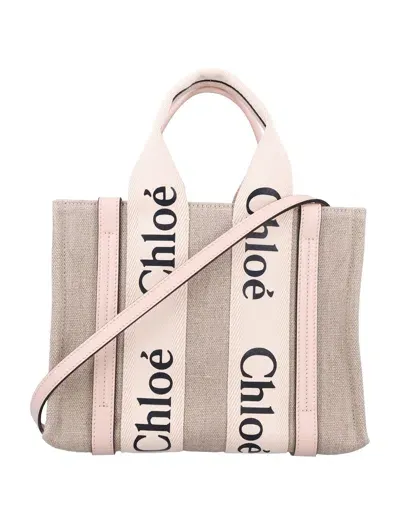 Chloé Linen Woody Medium Tote Bag In Cement Pink