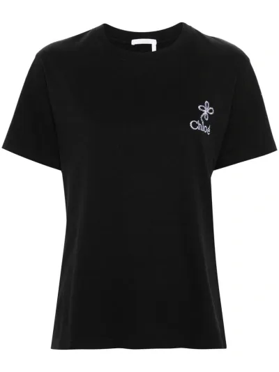 Chloé Contrast Embroidered Logo T-shirt With Contrasting In Black