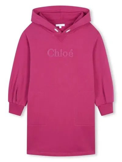 Chloé Kids' Abito-felpa Logo Ricamato In Pink & Purple