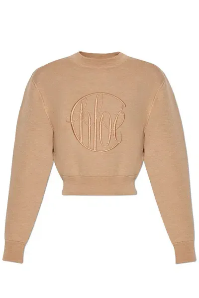 Chloé Embroidered-logo Wool Jumper In Beige