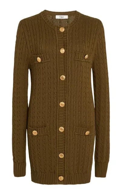 Chloé Longline Cable-knit Cotton Cardigan In Green