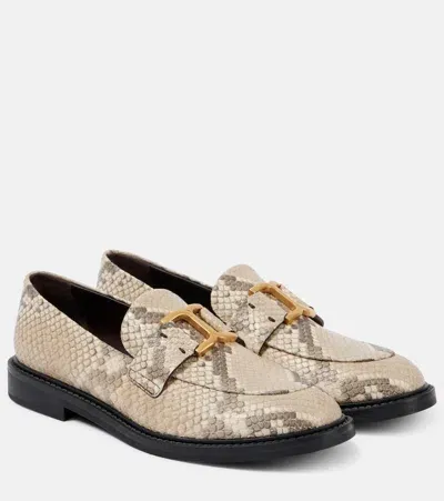 Chloé Marcie Buckled Snake-effect Leather Loafers In Nude