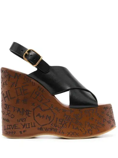 Chloé Maxime Leather Wedge Sandals In Black