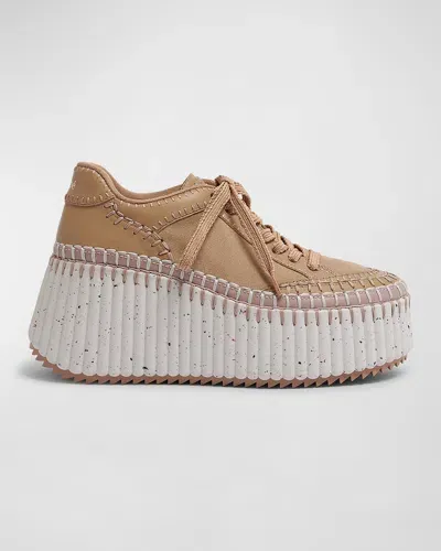 Chloé Nama Mixed Leather Stitch Platform Sneakers In Pink