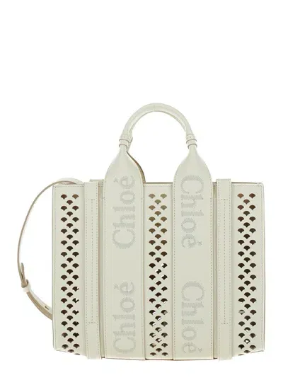 Chloé Piccola Woody White Tote Bag With Perforated Edges And Logo In Grained Leather Woman