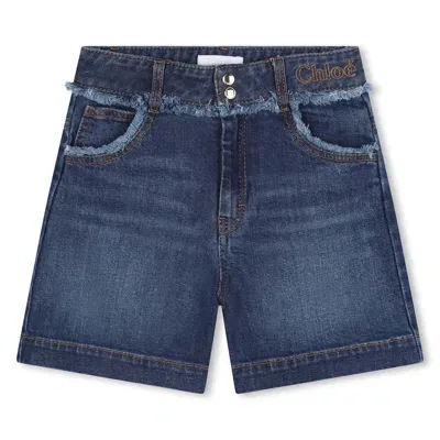 Chloé Kids' Logo-embroidered Denim Shorts In Blue