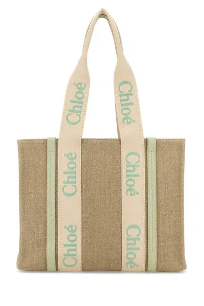 Chloé Beige Linen Woody Shopping Bag