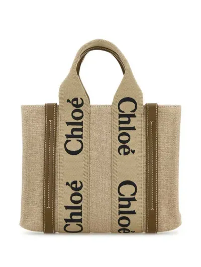 Chloé Woody Linen Small Tote Bags In Beige