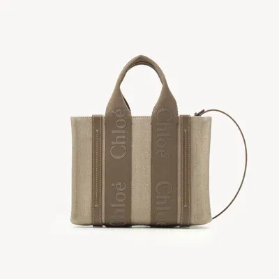 Chloé Petit Sac Cabas Woody En Toile De Lin Femme Brun Taille Onesize 100% Lin, Cuir De Veau In Brown