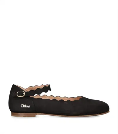 Chloé Kids' Suede Scalloped Ballet Flats In Black