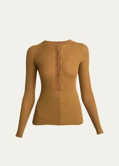 Chloé Superfine Knit Wool Henley Top In Tan Apricot