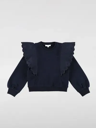 Chloé Kids' Girl's Logo-print Embroidered Ruffle Trim Sweater In Blau