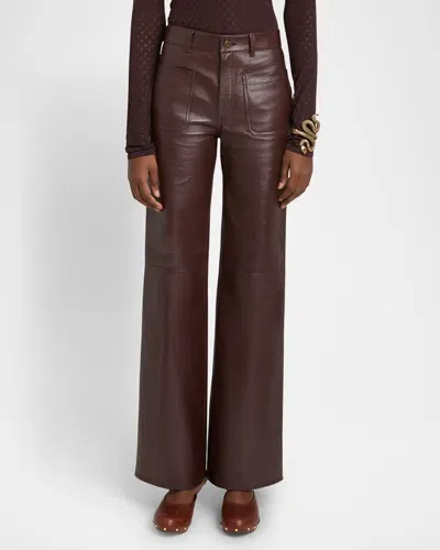 Chloé Wide Leg Leather Trousers In Deep Mahogany