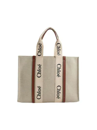 Chloé Woody Large Canvas And Leather Tote Bag In Brown